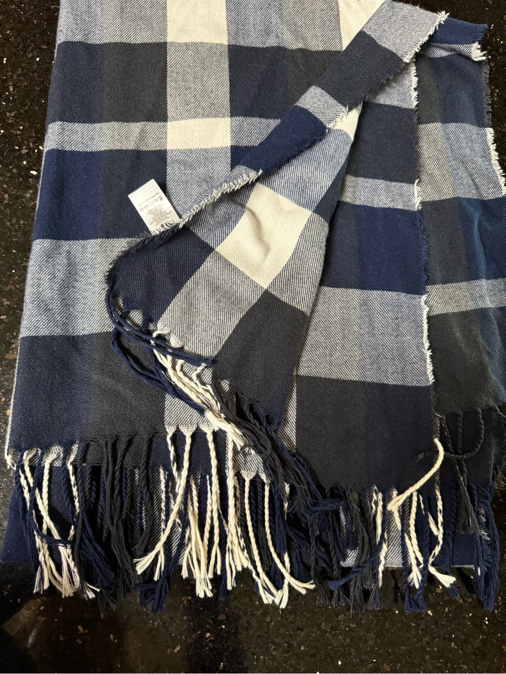 Macy's Navy and White Plaid Fringe Scarf